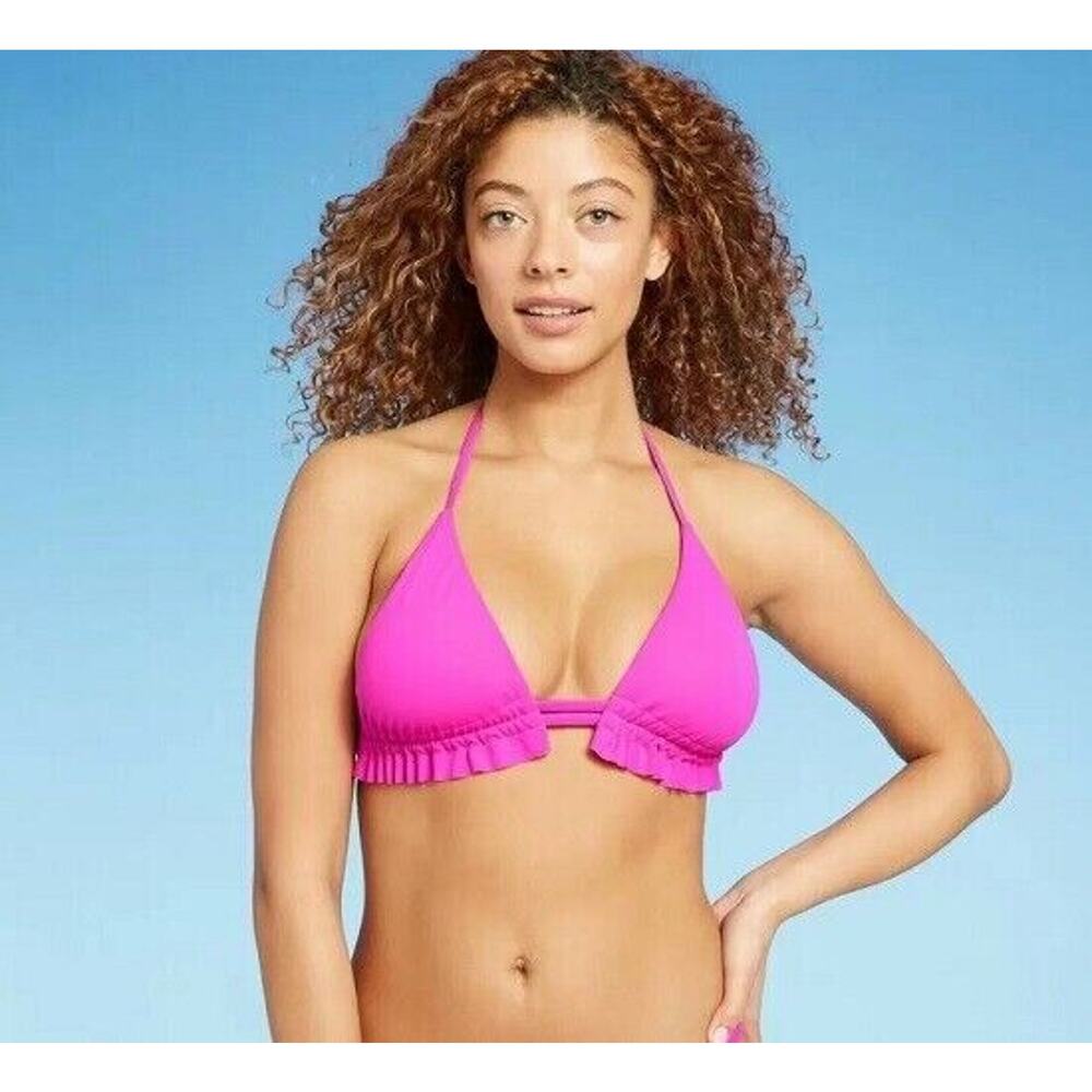 Shade & Shore Ruffle Triangle Bikini Top Womens Small (4-6) Magenta Pink
